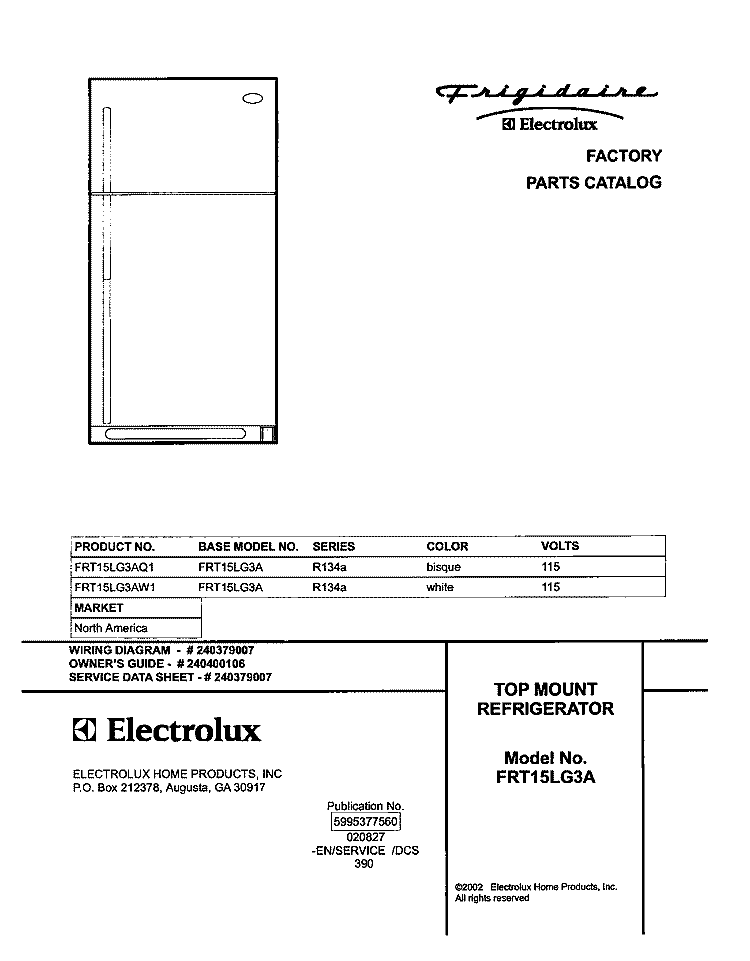 COVER Diagram and Parts List for FRT15LG3AQ1  Frigidaire Refrigerator