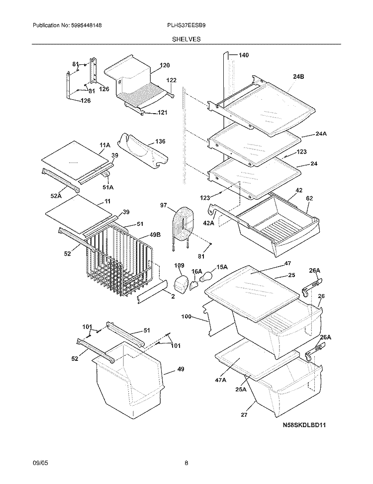 SHELVES Diagram and Parts List for PLHS37EESB9  Frigidaire Refrigerator