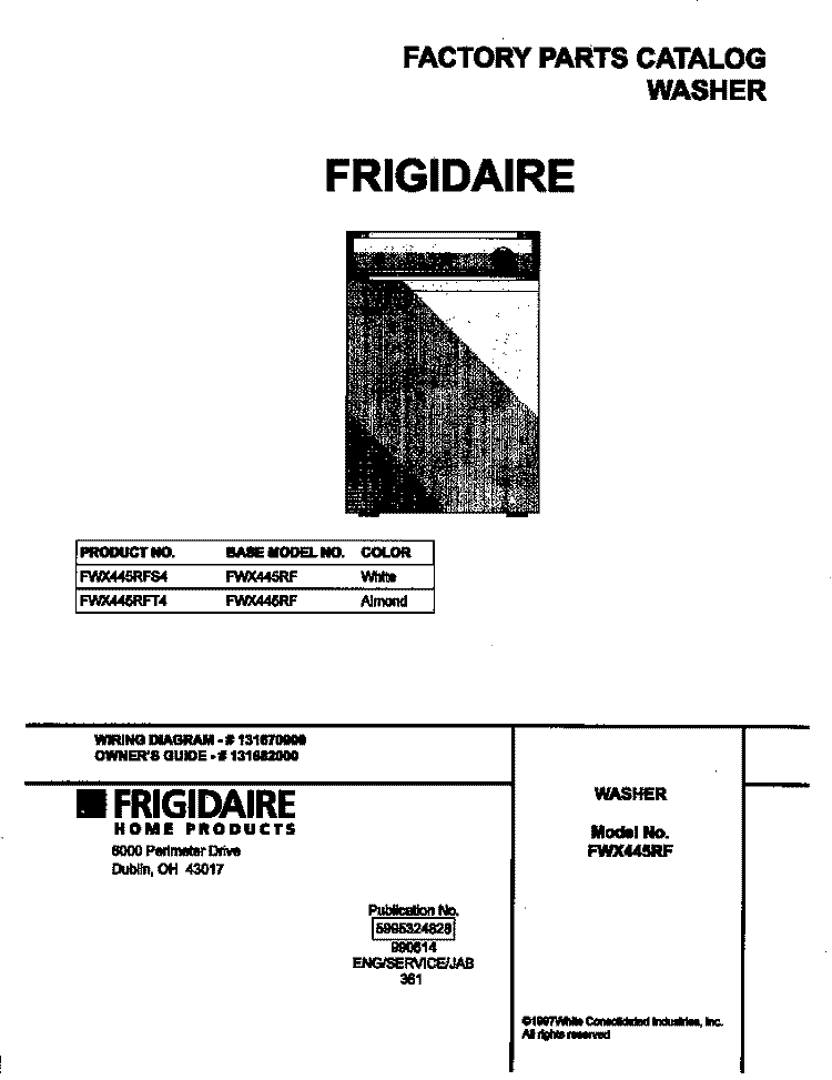 COVER Diagram and Parts List for FWX445RFT4  Frigidaire Washer