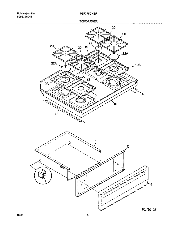 TOP / DRAWER Diagram and Parts List for TGF375CHSF  Tappan Range
