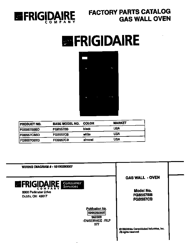 COVER Diagram and Parts List for FGB557CBSD  Frigidaire Wall Oven