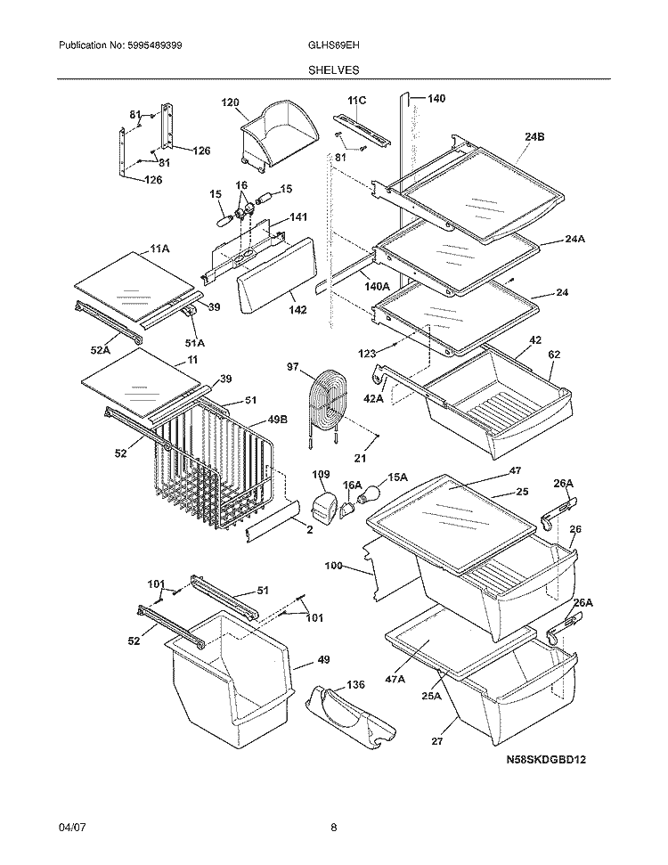 SHELVES Diagram and Parts List for GLHS69EHB0  Frigidaire Refrigerator