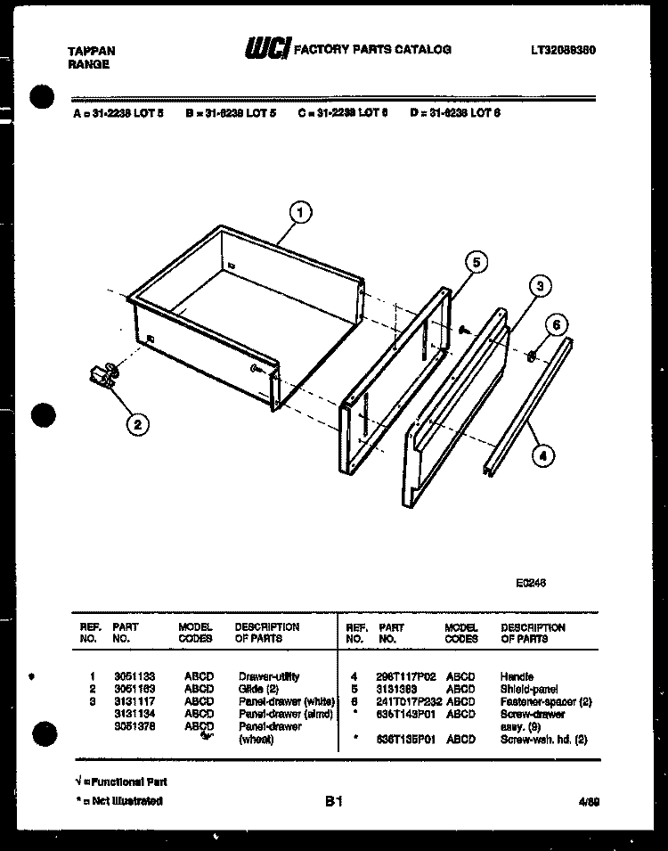 DRAWER PARTS Diagram and Parts List for 31-2238-00-06  Tappan Range