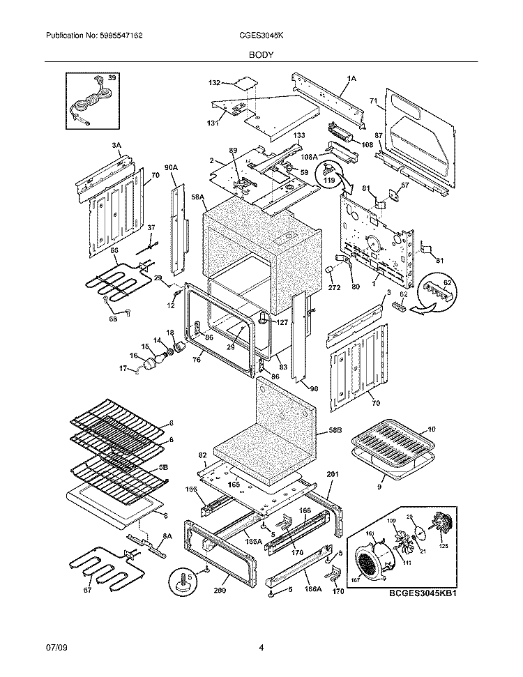 BODY Diagram and Parts List for CGES3045KB1  Frigidaire Range