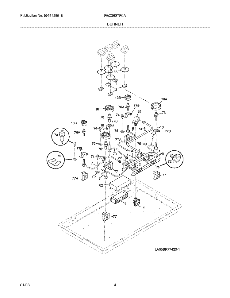 BURNER Diagram and Parts List for FGC36S7FCA  Frigidaire Cooktop