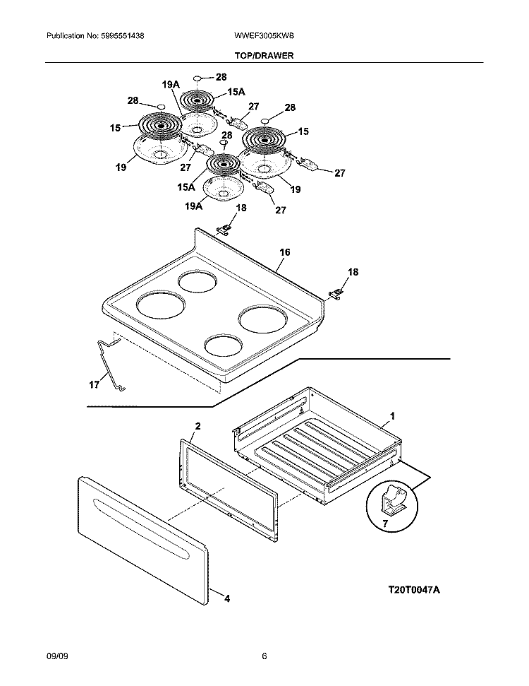 TOP/DRAWER Diagram and Parts List for WWEF3005KWB  Westinghouse Range
