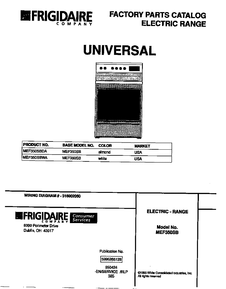 COVER Diagram and Parts List for MEF350SBDA  Frigidaire Range