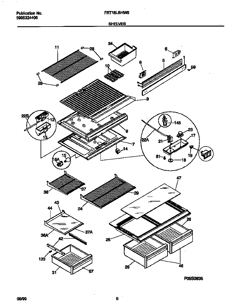 SHELVES Diagram and Parts List for FRT18LBHW0  Frigidaire Refrigerator