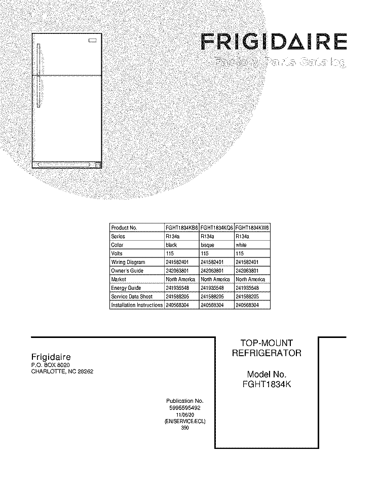 COVER Diagram and Parts List for FGHT1834KB6  Frigidaire Refrigerator