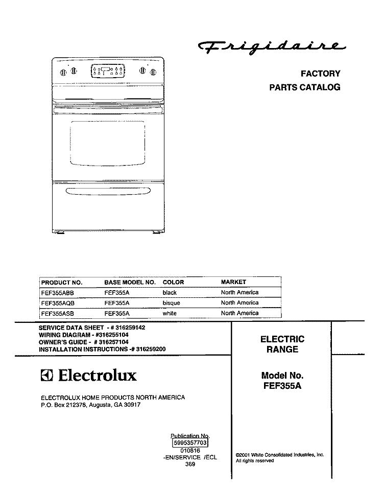 COVER Diagram and Parts List for FEF355ABB  Frigidaire Range