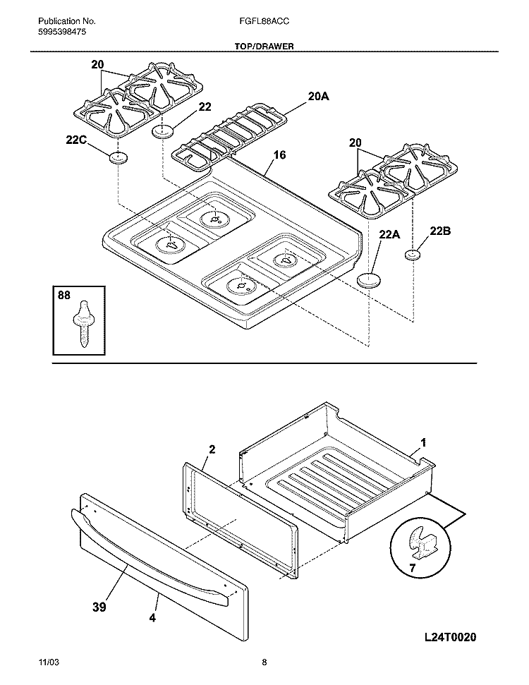 TOP / DRAWER Diagram and Parts List for FGFL88ACC  Frigidaire Range
