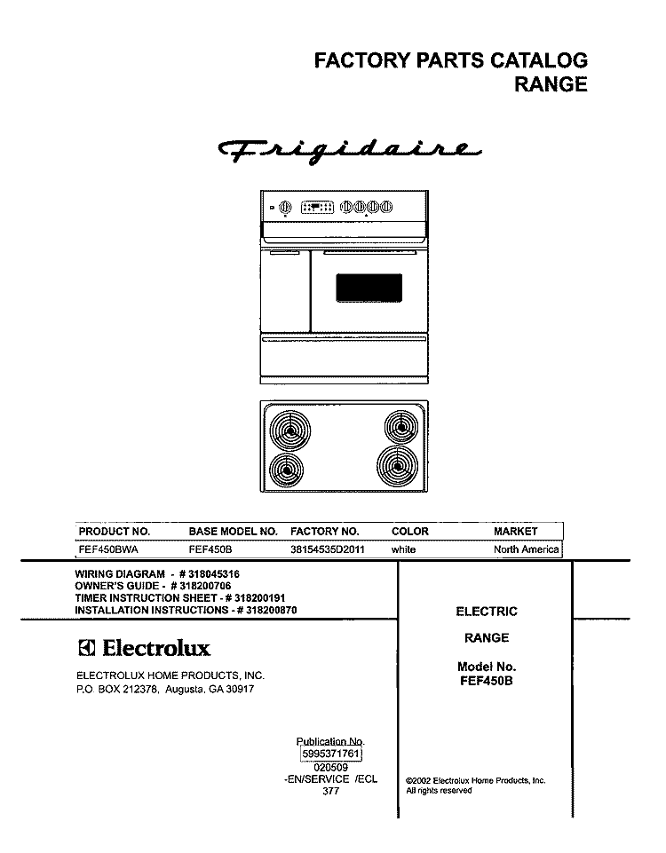 COVER Diagram and Parts List for FEF450BWA  Frigidaire Range