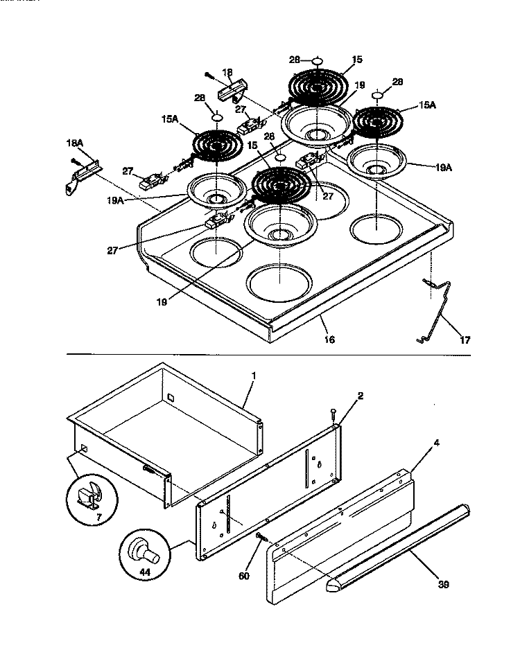 TOP / DRAWER Diagram and Parts List for F04S350BWB  Frigidaire Range