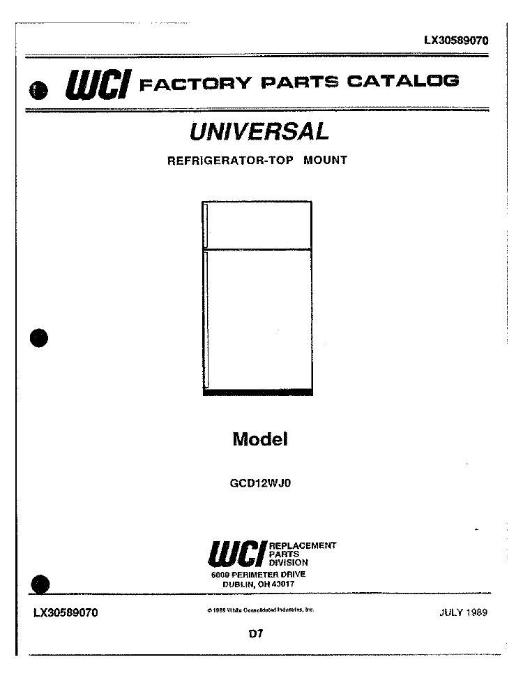 COVER Diagram and Parts List for GCD12WJ0  Frigidaire Refrigerator