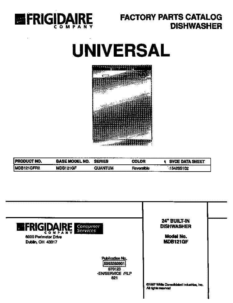 COVER Diagram and Parts List for MDB121GFR2  Frigidaire Dishwasher