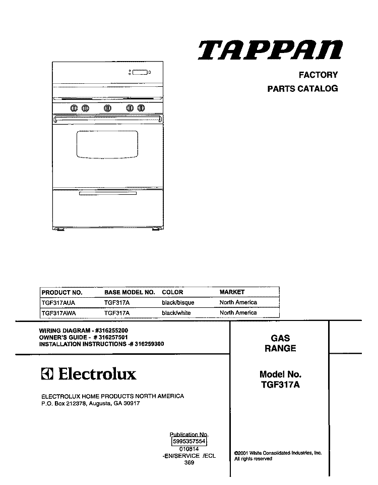 COVER Diagram and Parts List for TGF317AUA  Tappan Range