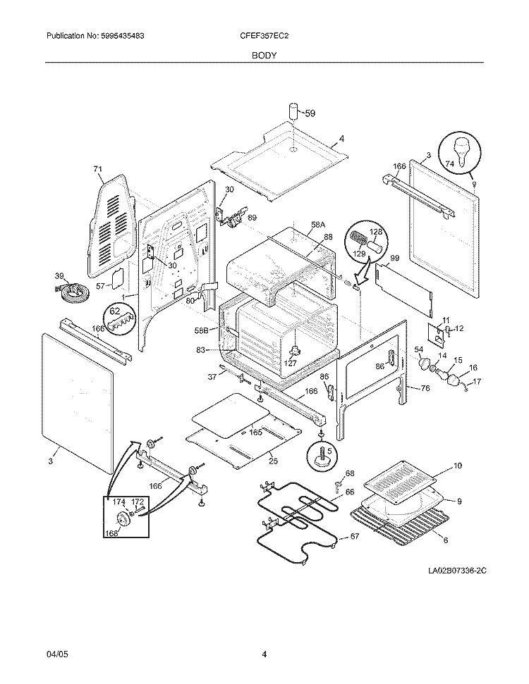 BODY Diagram and Parts List for CFEF357EC2  Frigidaire Range