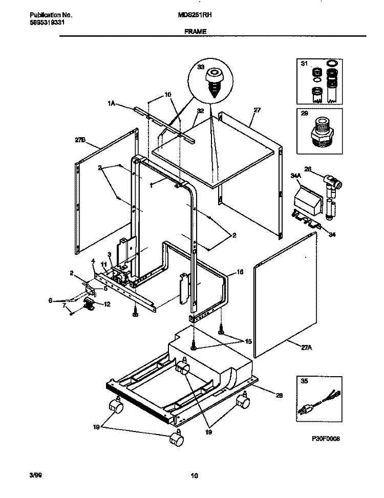 FRAME Diagram and Parts List for MDS251RHR0  Frigidaire Dishwasher