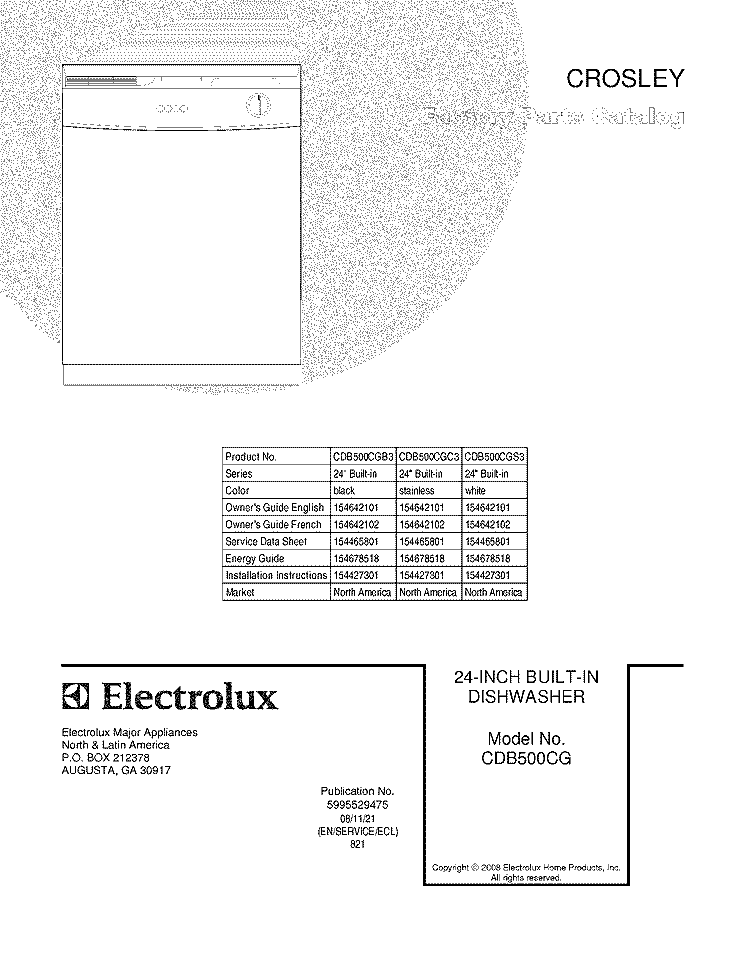 COVER Diagram and Parts List for CDB500CGB3  Crosley Dishwasher