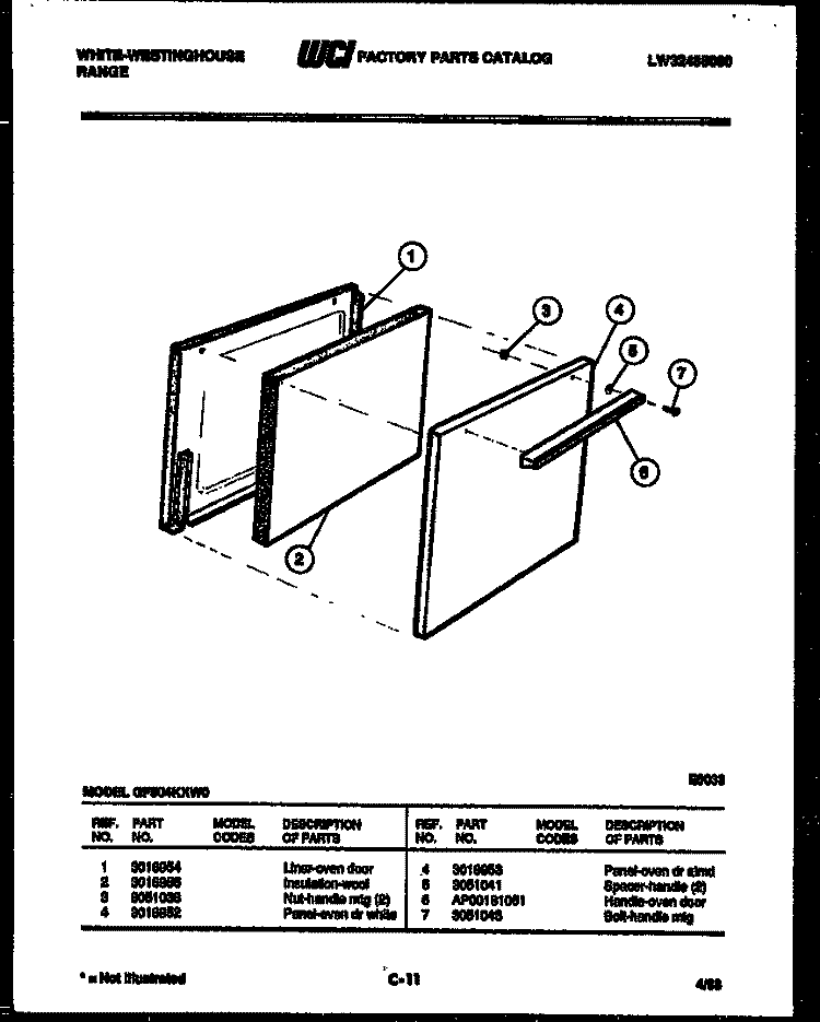 DOOR PARTS Diagram and Parts List for GF504KXD0  Frigidaire Range