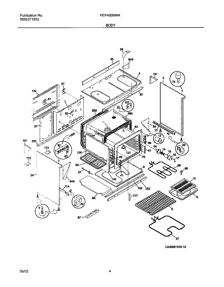 BODY Diagram and Parts List for FEF402BWA  Frigidaire Range