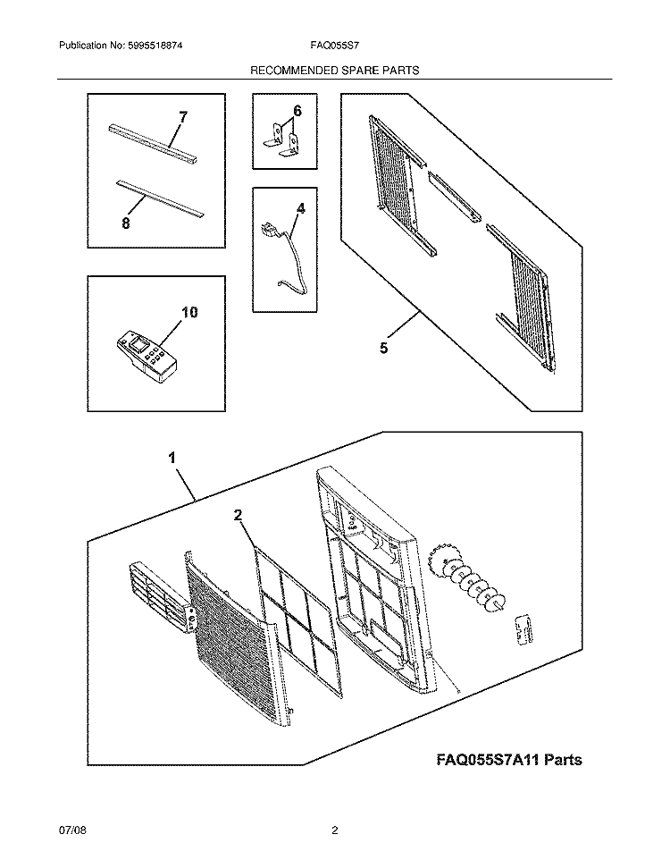 RECOMMENDED SPARE PARTS Diagram and Parts List for FAQ055S7A13  Frigidaire Air Conditioner