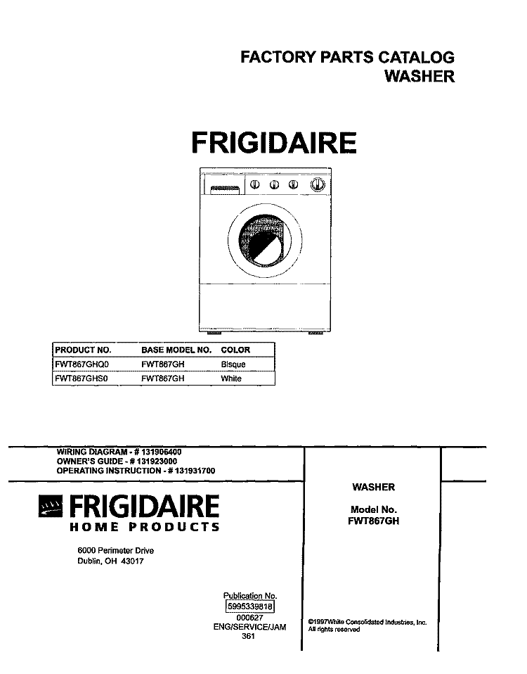 COVER Diagram and Parts List for FWT867GHQ0  Frigidaire Washer