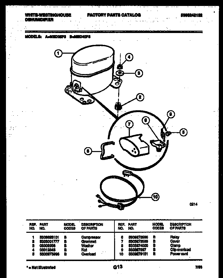 COMPRESSOR PARTS Diagram and Parts List for MED40P3  Frigidaire Dehumidifier