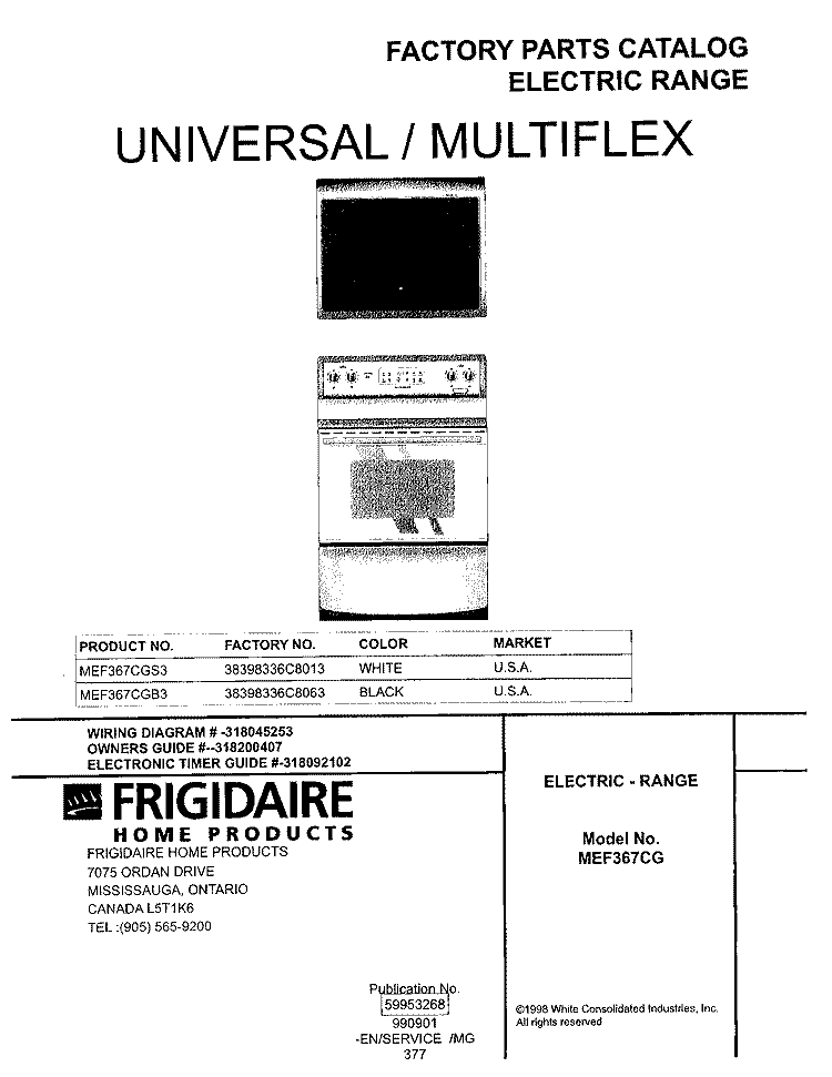 COVER Diagram and Parts List for MEF367CGB3  Frigidaire Wall Oven