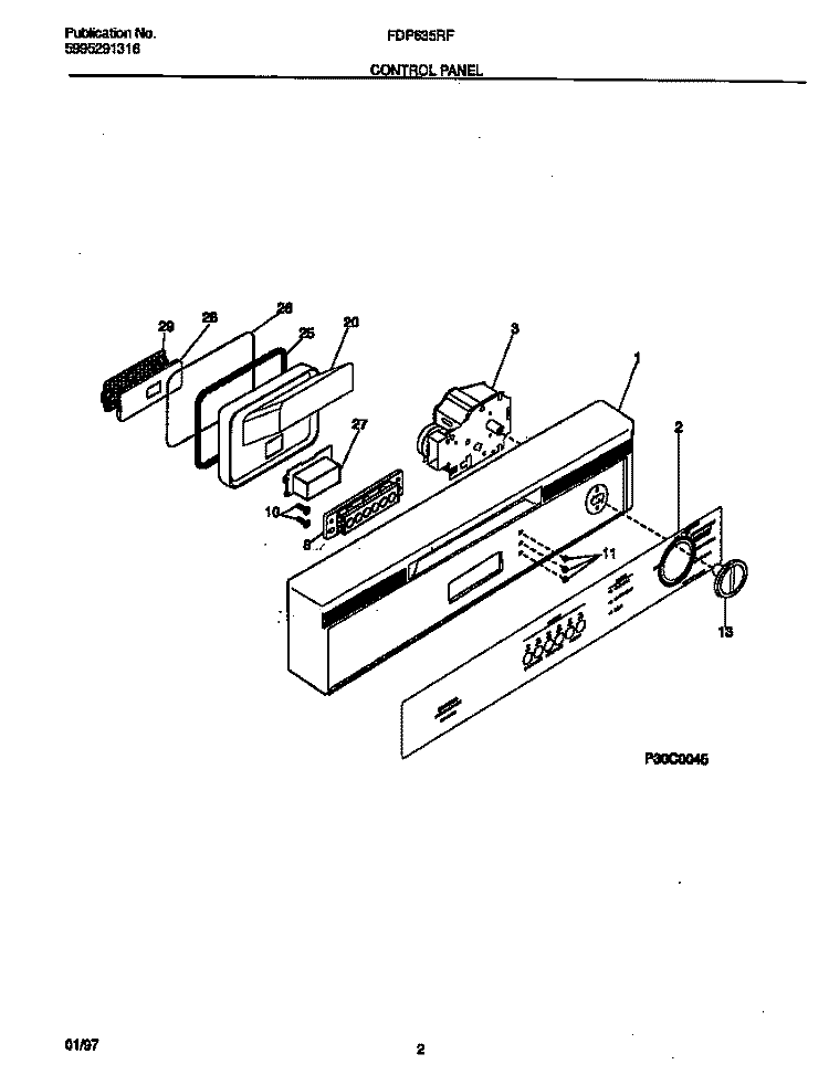 CONTROL PANEL Diagram and Parts List for FDP635RFR0  Frigidaire Dishwasher
