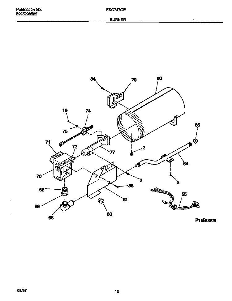 BURNER Diagram and Parts List for FSG747GES1  Frigidaire Dryer
