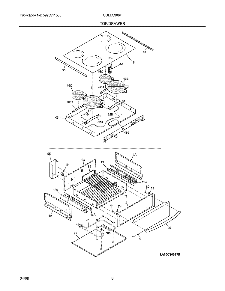 TOP / DRAWER Diagram and Parts List for CGLES389FS4  Frigidaire Range