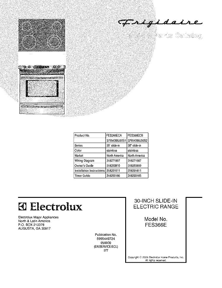 COVER Diagram and Parts List for FES366ECA  Frigidaire Range