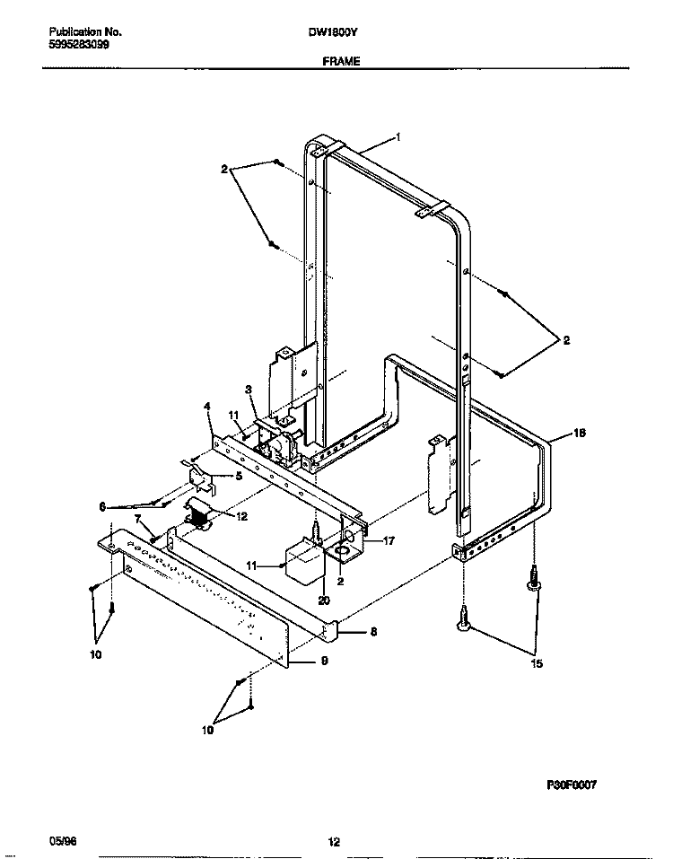 FRAME Diagram and Parts List for DW1800Y0  Frigidaire Dishwasher