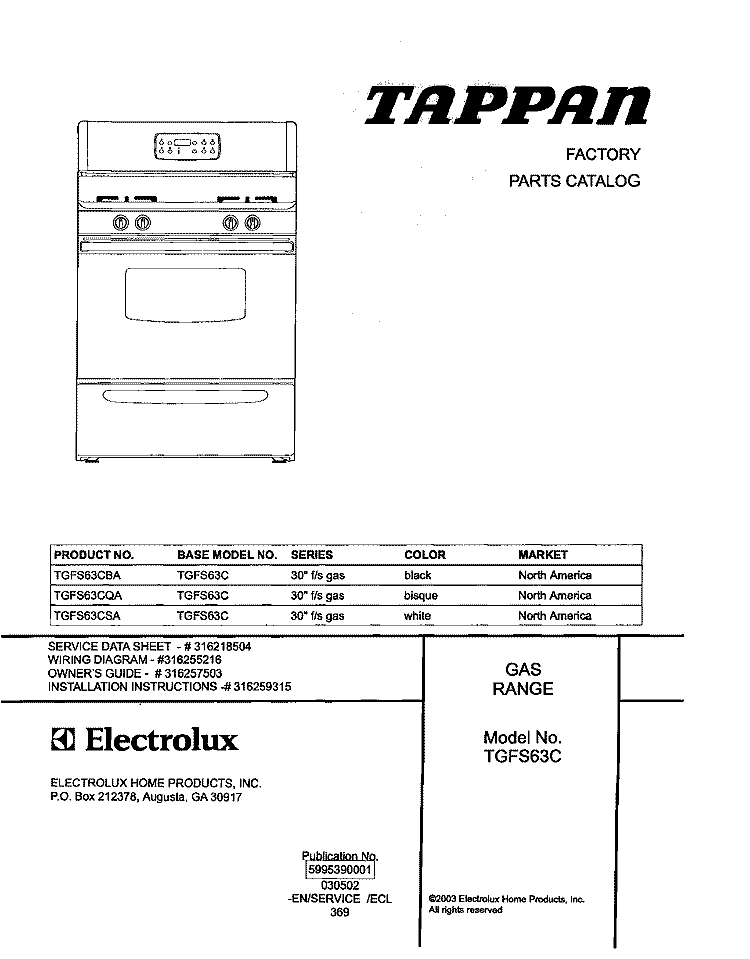 COVER Diagram and Parts List for TGFS63CSA  Tappan Range