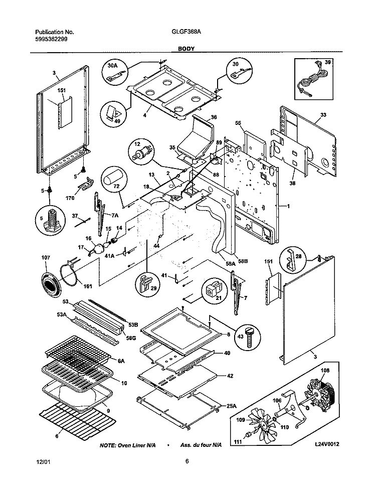 BODY Diagram and Parts List for GLGF388AQA  Frigidaire Range