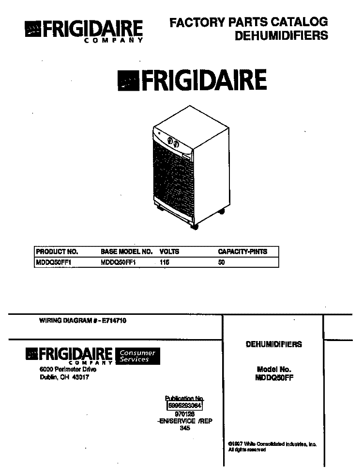 COVER Diagram and Parts List for MDDQ50FF1  Frigidaire Dehumidifier