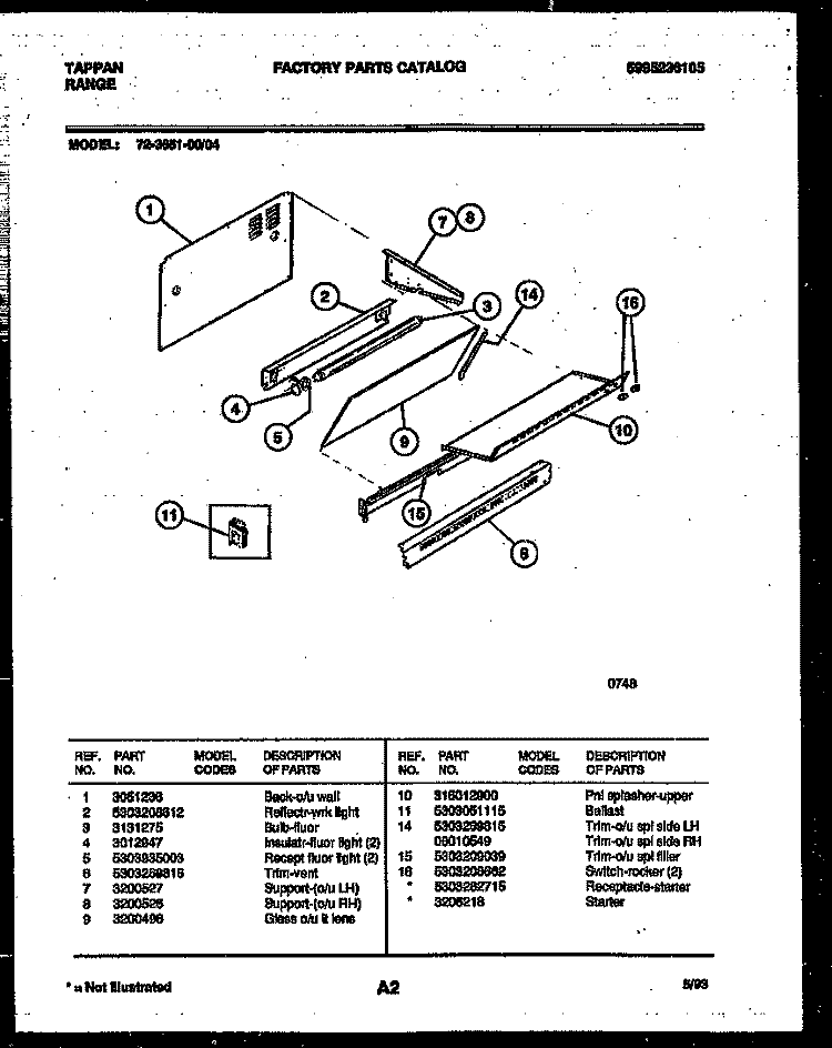 SPLASHER CONTROL Diagram and Parts List for 72-3651-00-04  Tappan Range