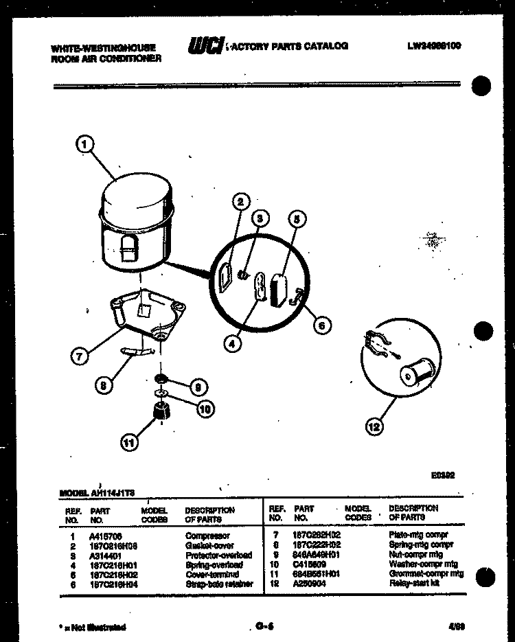 COMPRESSOR PARTS Diagram and Parts List for AH114J1T3  Frigidaire Air Conditioner