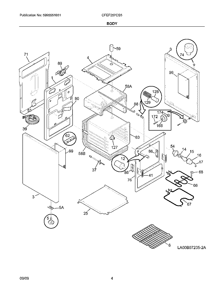 BODY Diagram and Parts List for CFEF257CS5  Frigidaire Range
