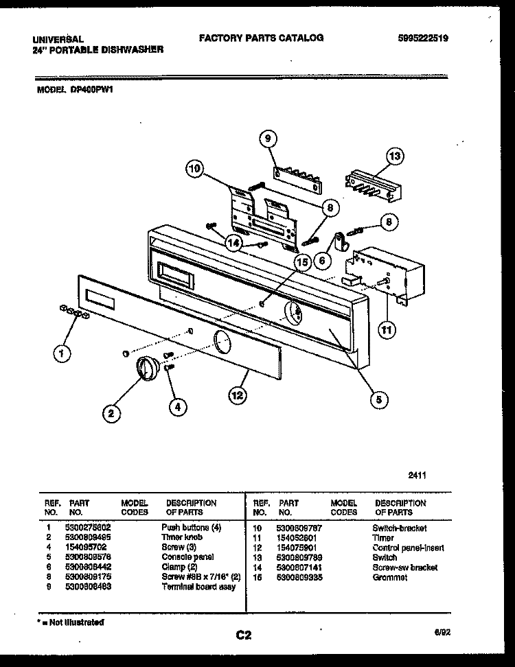 CONSOLE AND CONTROL PARTS Diagram and Parts List for DP400PD1  Uni Dishwasher