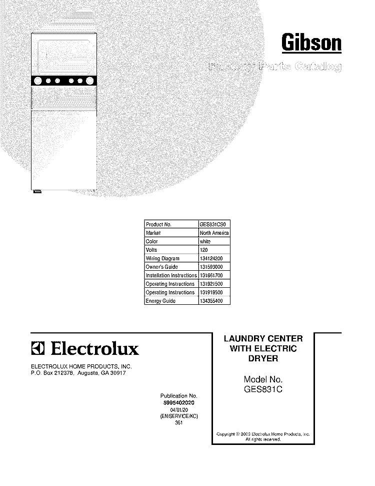 COVER Diagram and Parts List for GES831CS0  Gibson Washer Dryer Combo