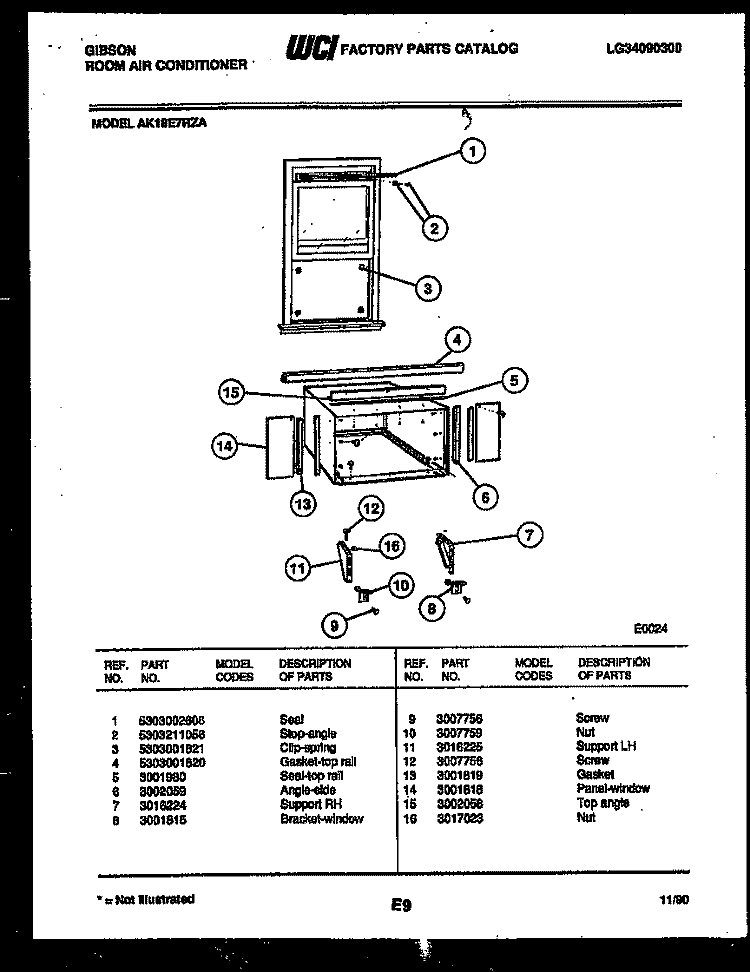 CABINET AND INSTALLATION PARTS Diagram and Parts List for AK18E7RZA  Gibson Air Conditioner