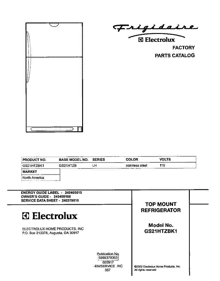 COVER Diagram and Parts List for GS21HTZBK1  Frigidaire Refrigerator