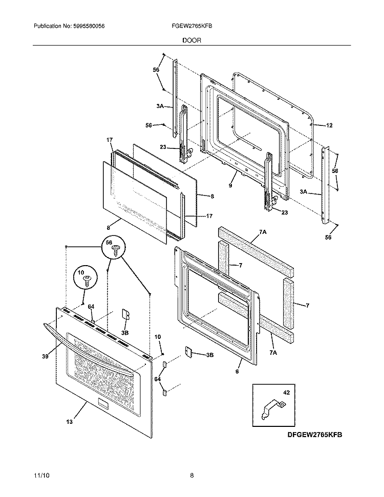 DOOR Diagram and Parts List for FGEW2765KFB  Frigidaire Wall Oven