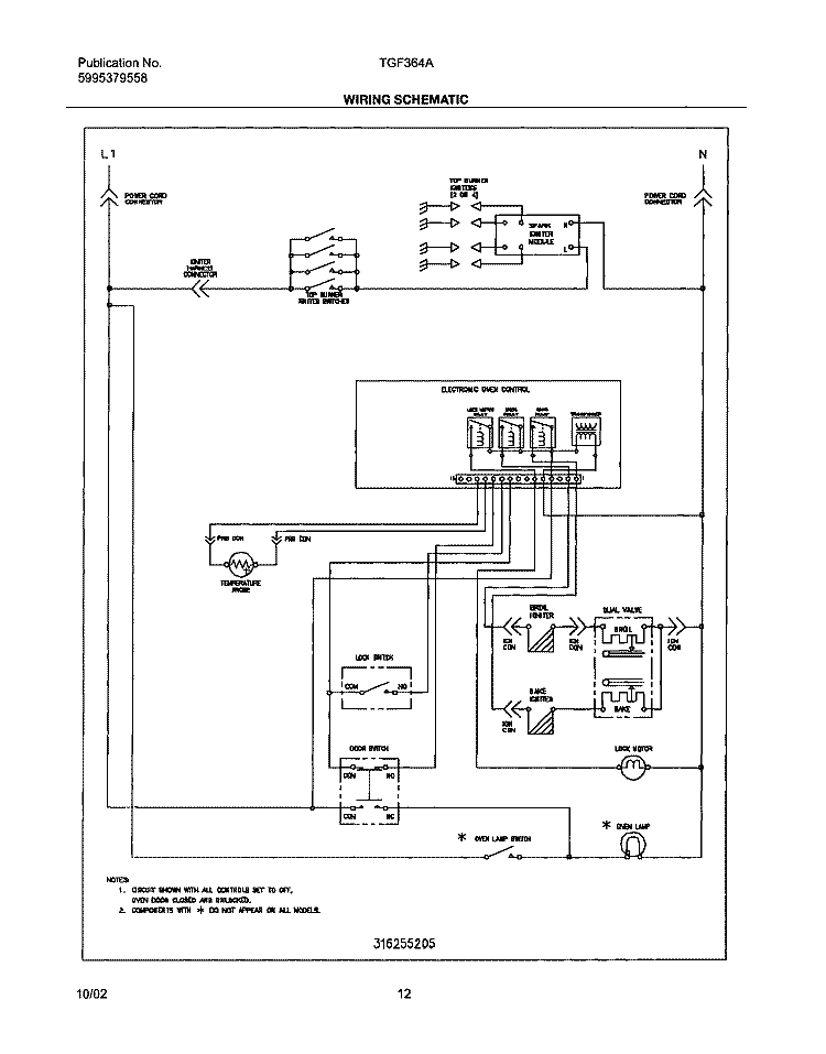 WIRING SCHEMATIC Diagram and Parts List for TGF364ASD  Tappan Range