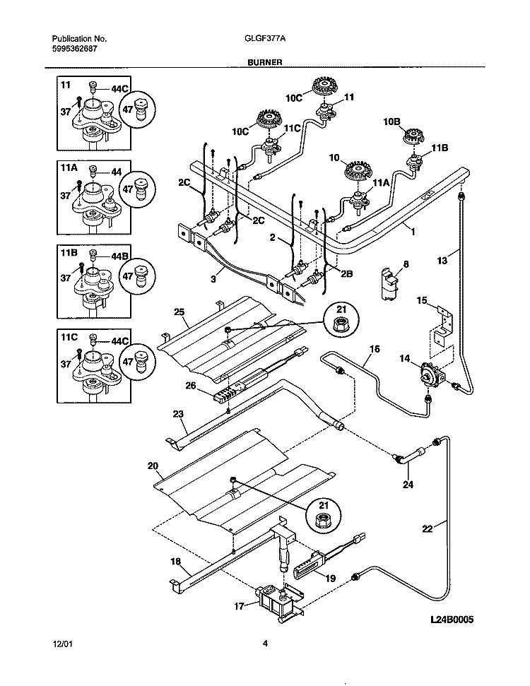 BURNER Diagram and Parts List for GLGF377AQD  Frigidaire Range