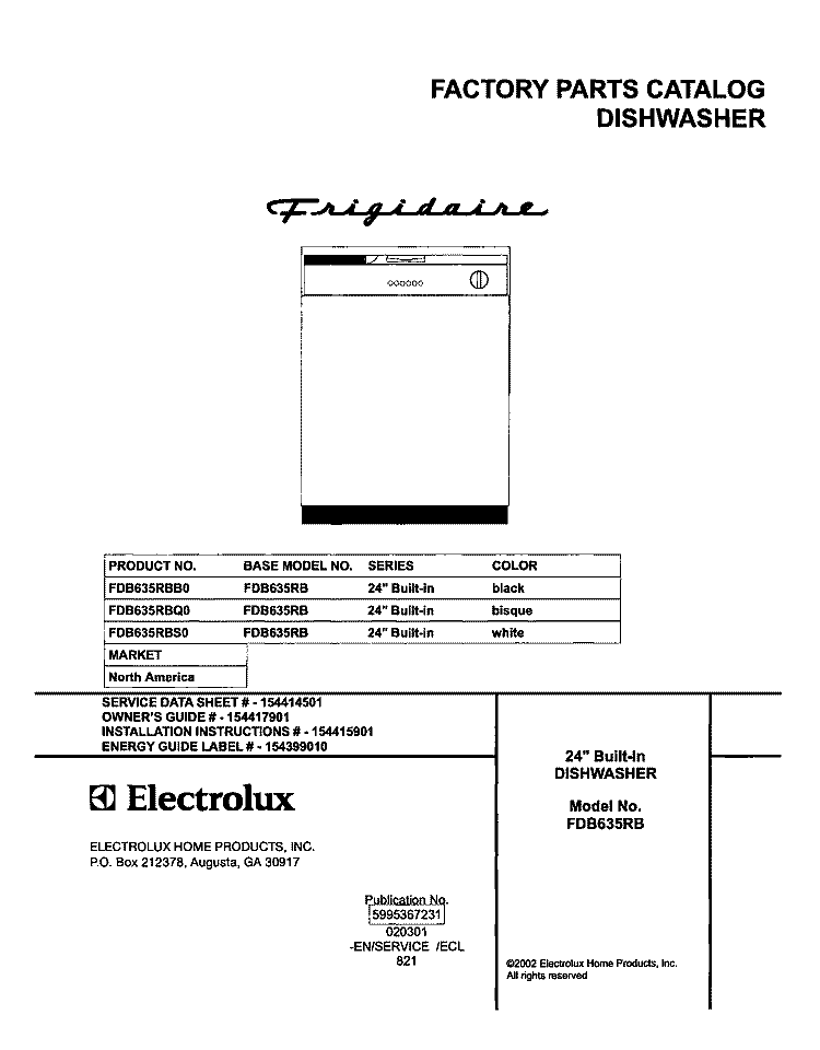 COVER Diagram and Parts List for FDB635RBS0  Frigidaire Dishwasher