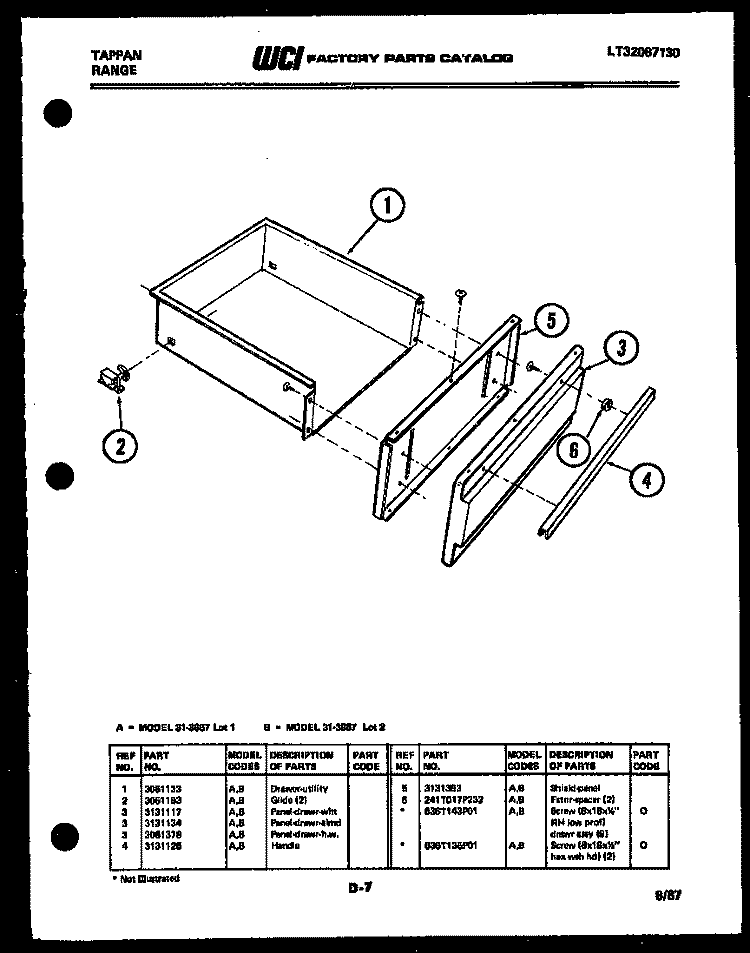 DRAWER PARTS Diagram and Parts List for 31-3857-66-01  Tappan Range