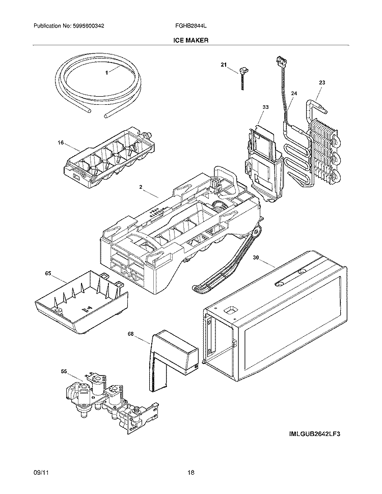 ICE MAKER Diagram and Parts List for FGHB2844LE7  Frigidaire Refrigerator
